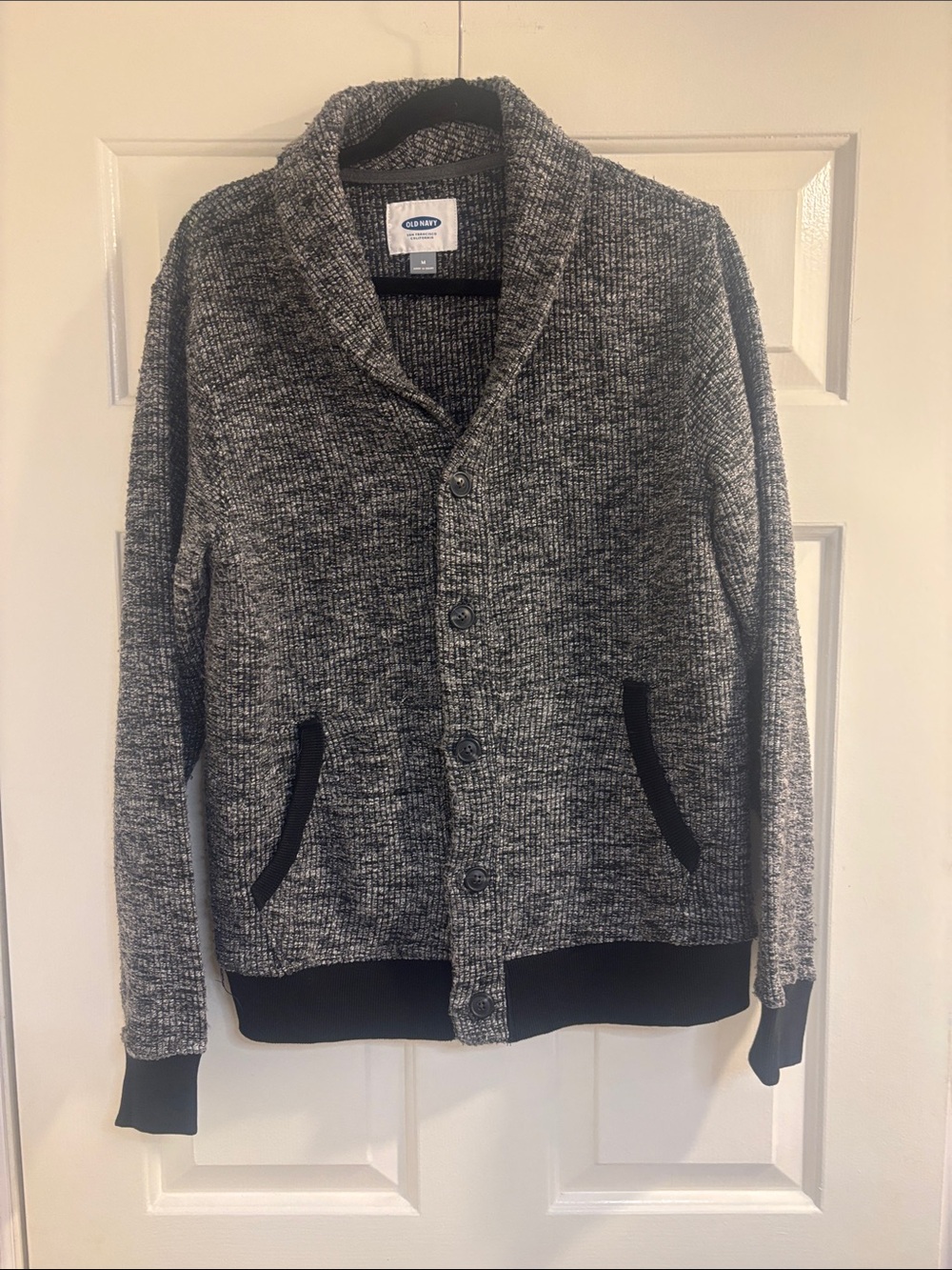 Old Navy Men’s Gray Shawl Collar Cardigan with Black Trim